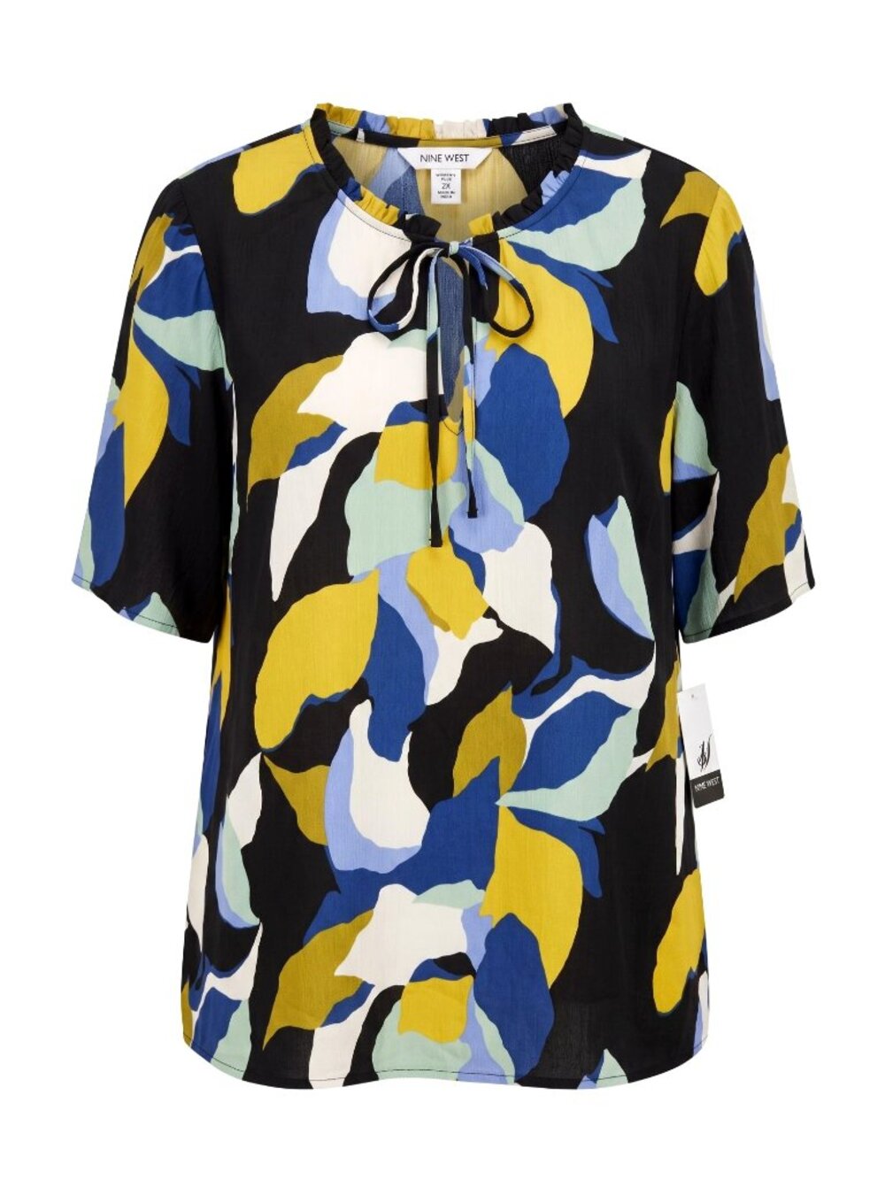 Nine West Women Plus 2X Keyhole Tie Neck Blouse Floral Short Sleeve Top NWT XXL
